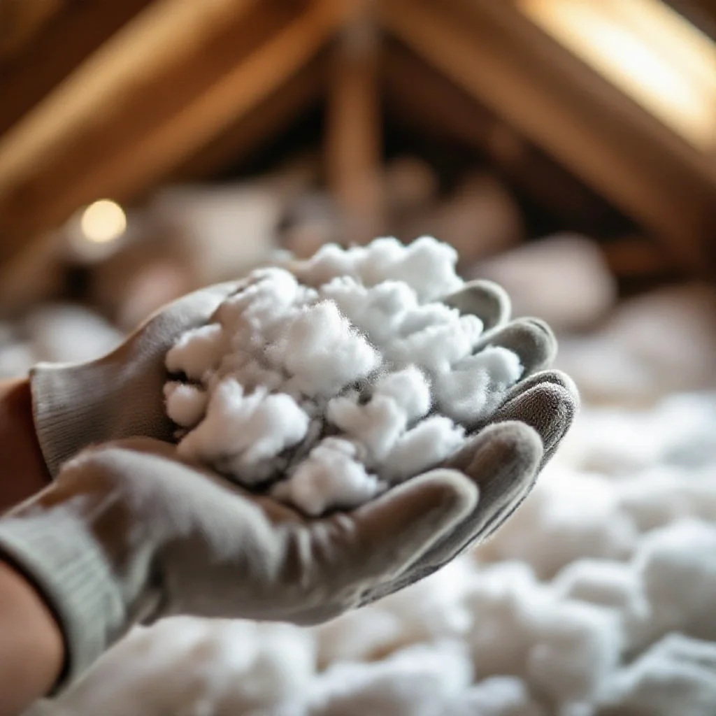 Poignée d’ouate de cellulose montrant la texture en fibres recyclées