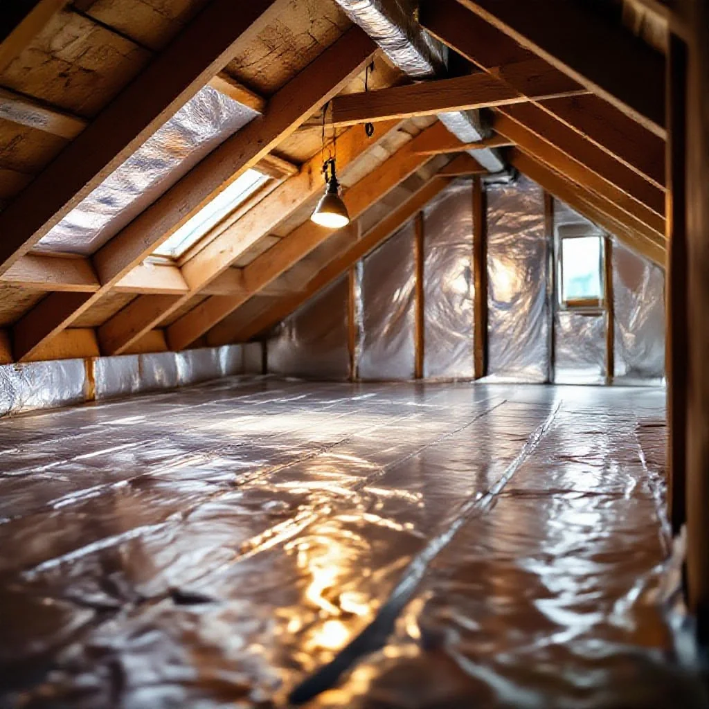 Intérieur de combles avec frein-vapeur réfléchissant installé