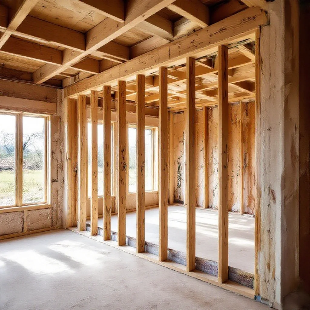 Mur ossature bois montrant les couches isolation et frein-vapeur