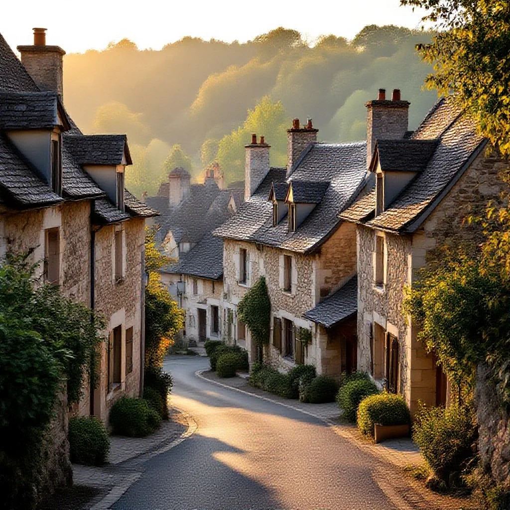 Village français classé avec maisons en pierre et toits en ardoise