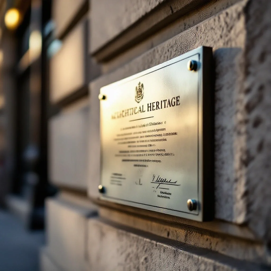 Notice de protection du patrimoine affichée sur un mur en pierre