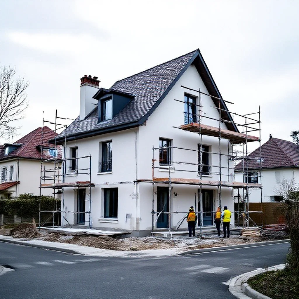 Maison en chantier de rénovation toiture avec échafaudage