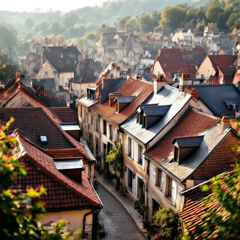 Bourg français harmonieux avec toitures variées en tuile et ardoise