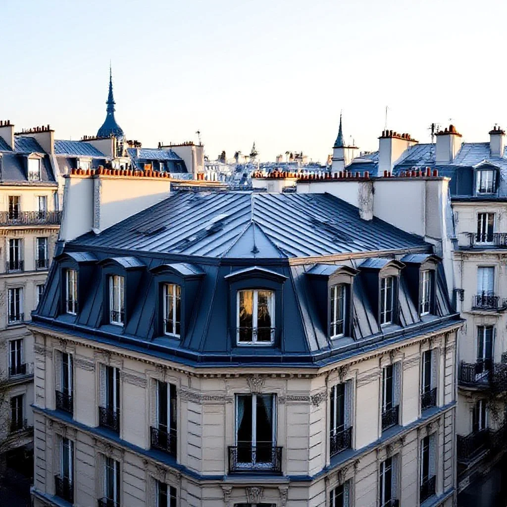 Immeuble haussmannien parisien avec toiture mansardée en zinc neuf