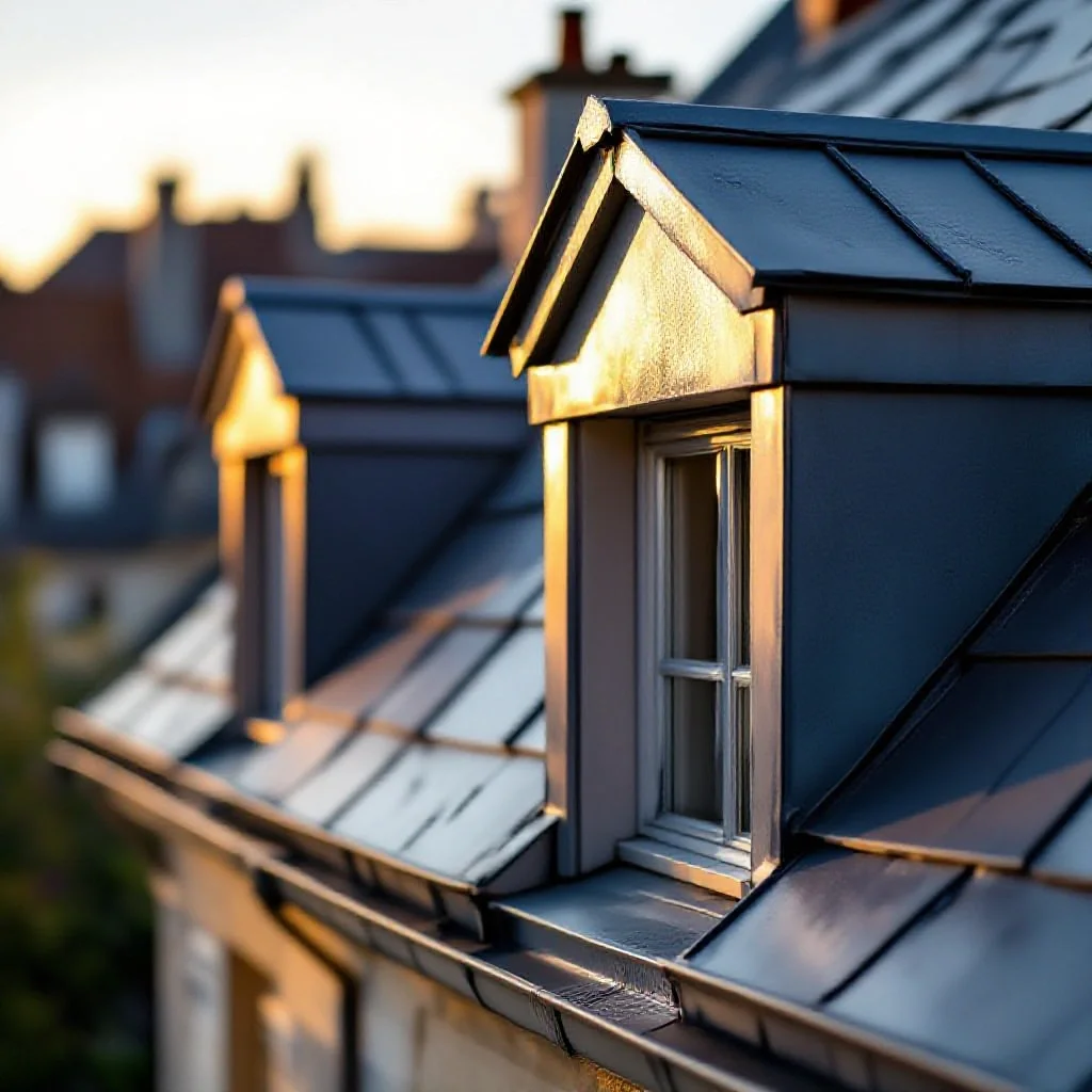 Détail d’un chien-assis en zinc sur une maison de ville française